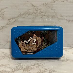 VTG Looney Tunes Taz Spacemaker Pencil Box Storage Case '97 Blue Retro USA